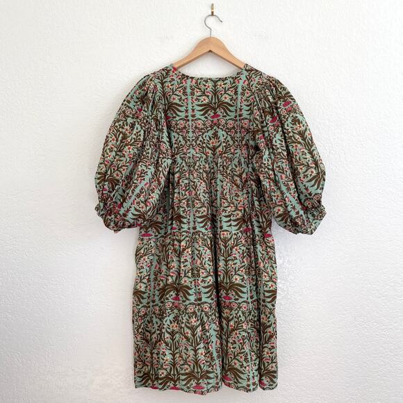 Karni Indian Cotton Floral Tiered Mini Dress Balloon Sleeves Block Print Boho - Picture 4 of 8